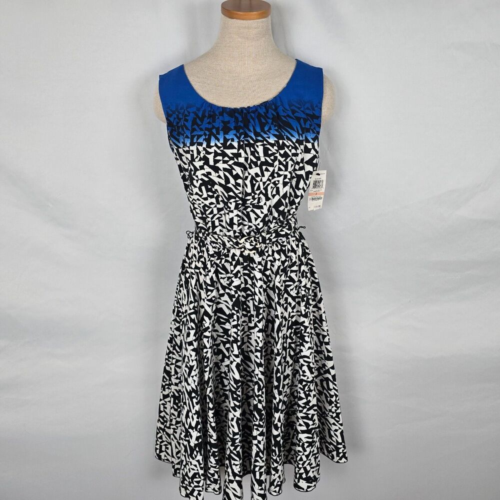 Alfani Dress Women's 2 Blue Note Black White Ombre Ruffles Sleeveless Belt NWT